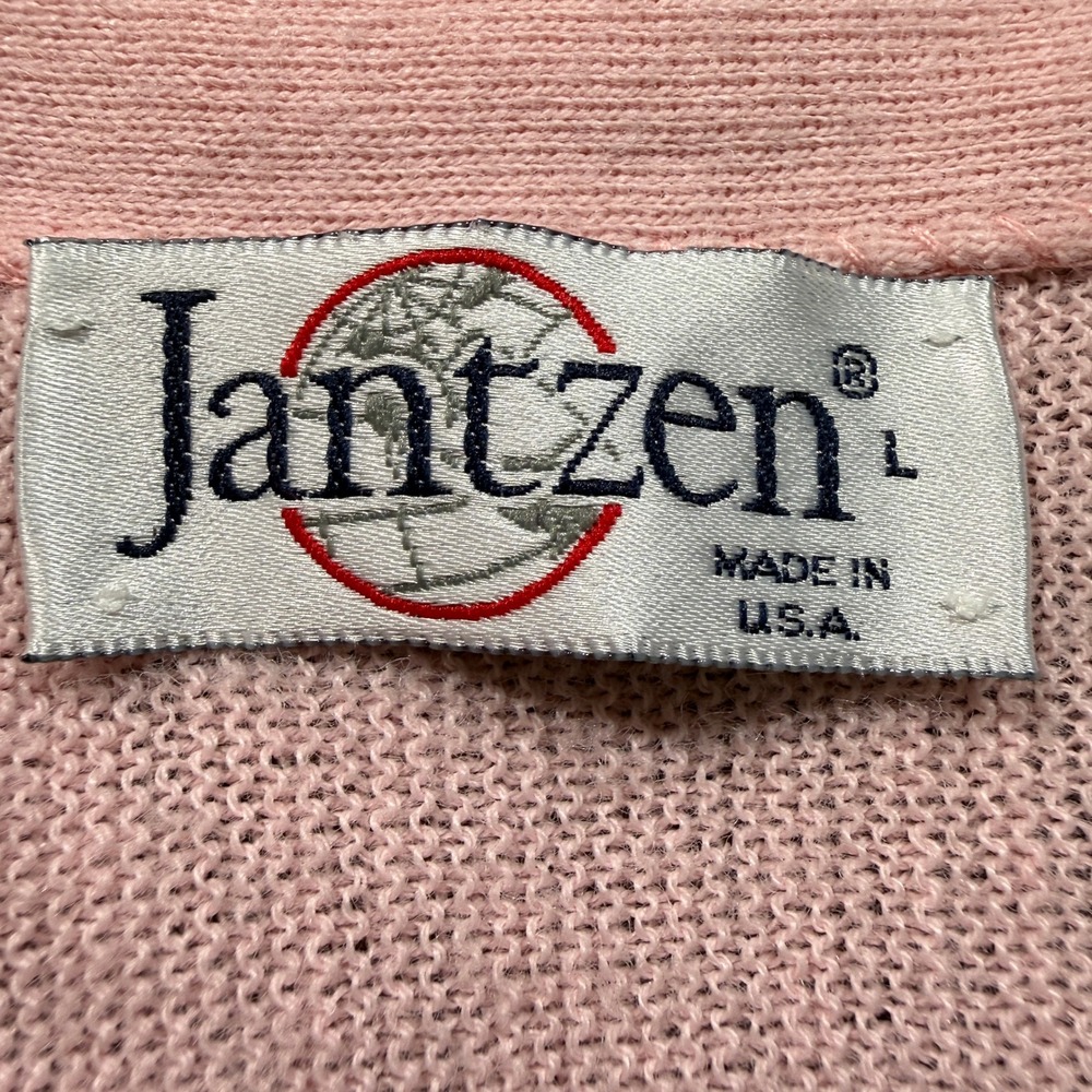 Vintage 80s Jantzen Cardigan Women L Pink V Neck Button Up Knit Made in USA - Picture 2 of 8
